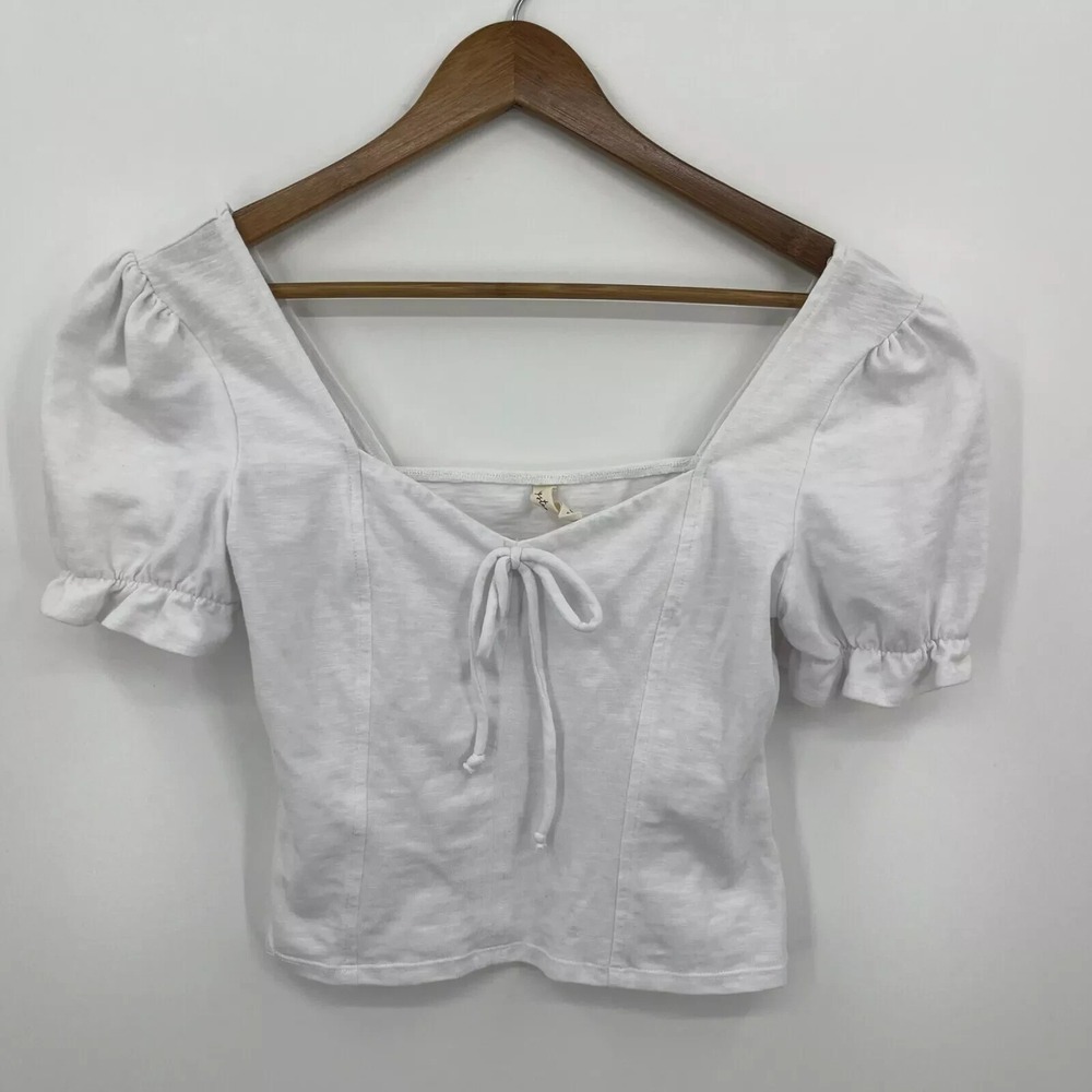 Kingston Grey Womens White Puff Sleeve Tie Front Square Neck Crop Top Size S